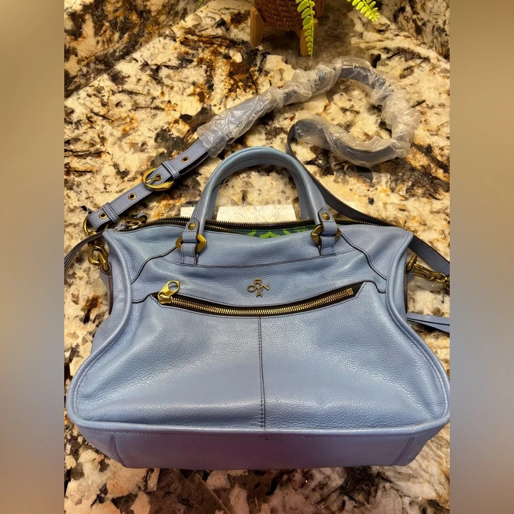 orYANY Sky Blue Leather Satchel with Gold Accents NEW!